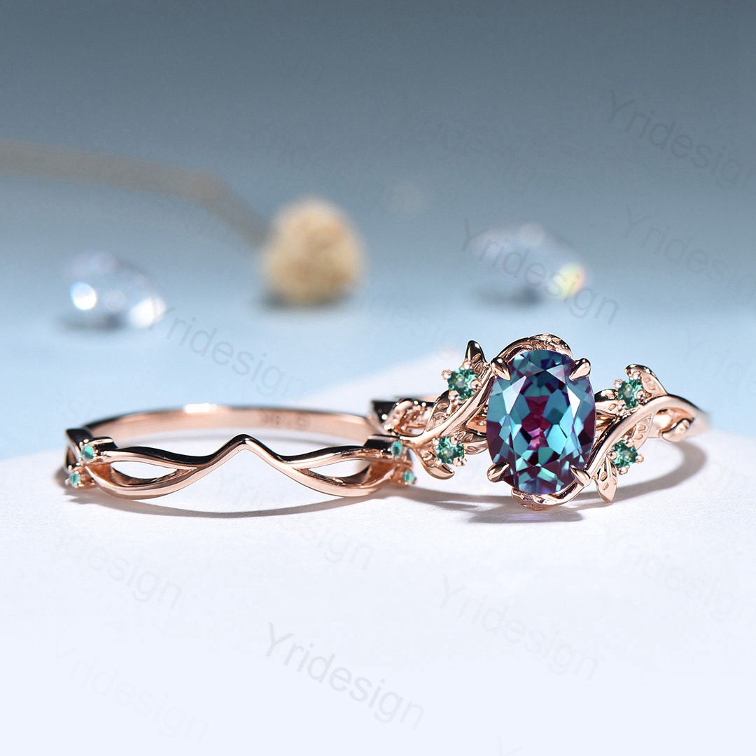 Natural Inspired Leaf alexandrite ring set cluster emerald color changing engagement ring unique green stone gold wedding ring set for women - PENFINE