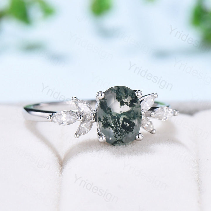 1.5CT Oval Natural Moss Agate Engagement Ring Cluster Diamond Green Agate Wedding Ring Art Deco Vintage Retro Green Crystal Anniversary Ring - PENFINE