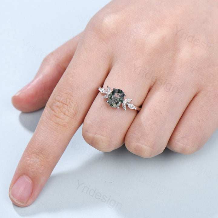 1.5CT Oval Natural Moss Agate Engagement Ring Cluster Diamond Green Agate Wedding Ring Art Deco Vintage Retro Green Crystal Anniversary Ring - PENFINE