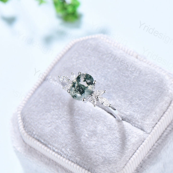 1.5CT Oval Natural Moss Agate Engagement Ring Cluster Diamond Green Agate Wedding Ring Art Deco Vintage Retro Green Crystal Anniversary Ring - PENFINE