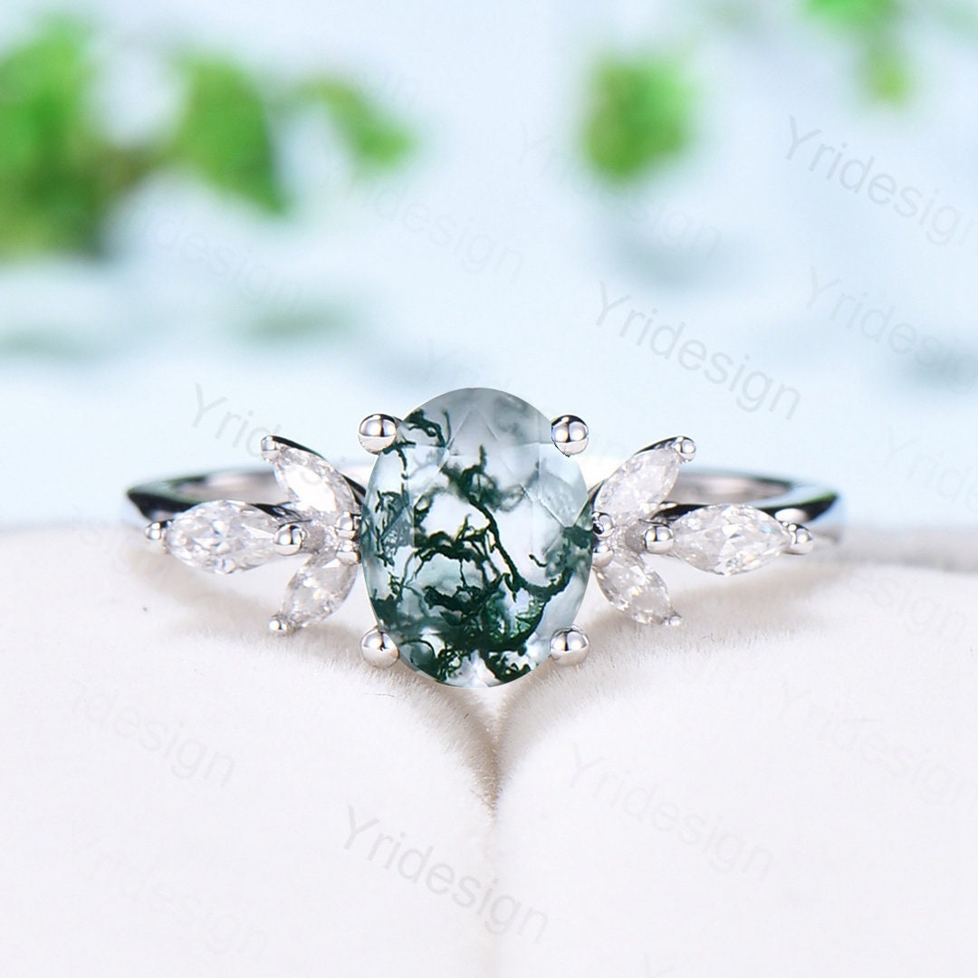 1.5CT Oval Natural Moss Agate Engagement Ring Cluster Diamond Green Agate Wedding Ring Art Deco Vintage Retro Green Crystal Anniversary Ring - PENFINE