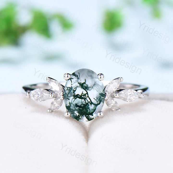 1.5CT Oval Natural Moss Agate Engagement Ring Cluster Diamond Green Agate Wedding Ring Art Deco Vintage Retro Green Crystal Anniversary Ring - PENFINE