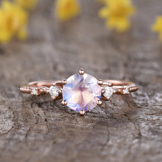 Antique Rainbow Moonstone Engagement Ring, Diamond 14K Gold Filigree Band