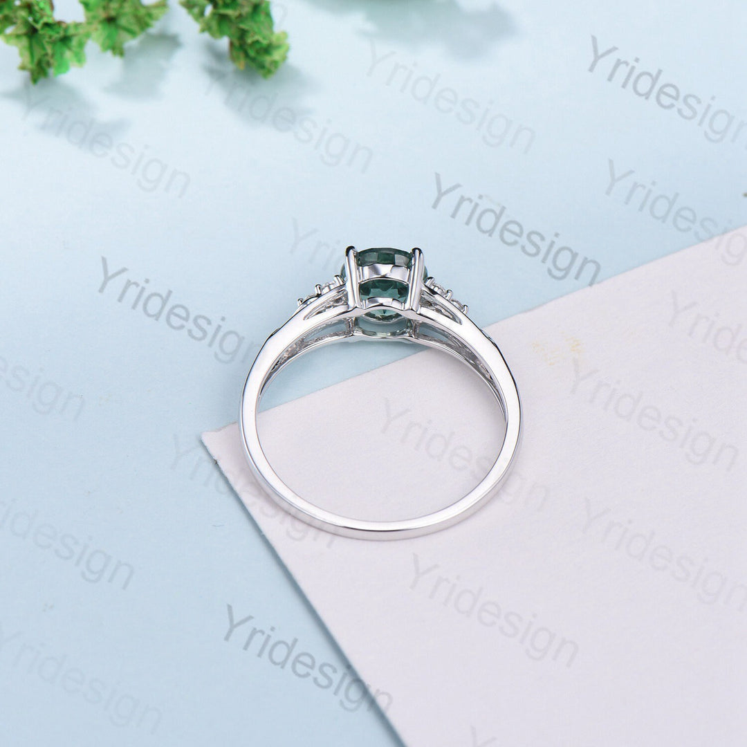 Vintage Green Sapphire Engagement Ring White Gold Solid 10K/14K/18K Gold Unique Cluster Moissanite Diamond Wedding Ring Anniversary gift - PENFINE