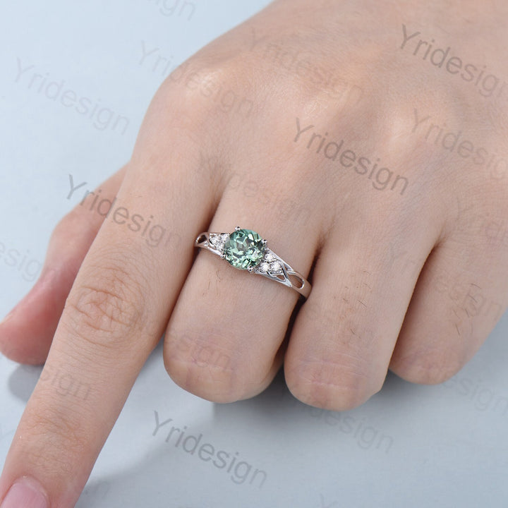 Vintage Green Sapphire Engagement Ring White Gold Solid 10K/14K/18K Gold Unique Cluster Moissanite Diamond Wedding Ring Anniversary gift - PENFINE