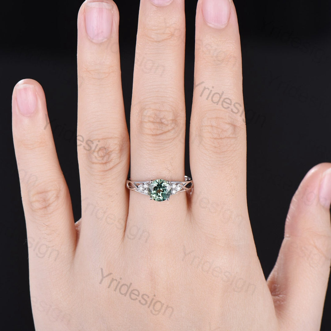 Vintage Green Sapphire Engagement Ring White Gold Solid 10K/14K/18K Gold Unique Cluster Moissanite Diamond Wedding Ring Anniversary gift - PENFINE