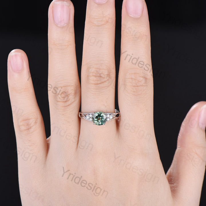 Vintage Green Sapphire Engagement Ring White Gold Solid 10K/14K/18K Gold Unique Cluster Moissanite Diamond Wedding Ring Anniversary gift - PENFINE