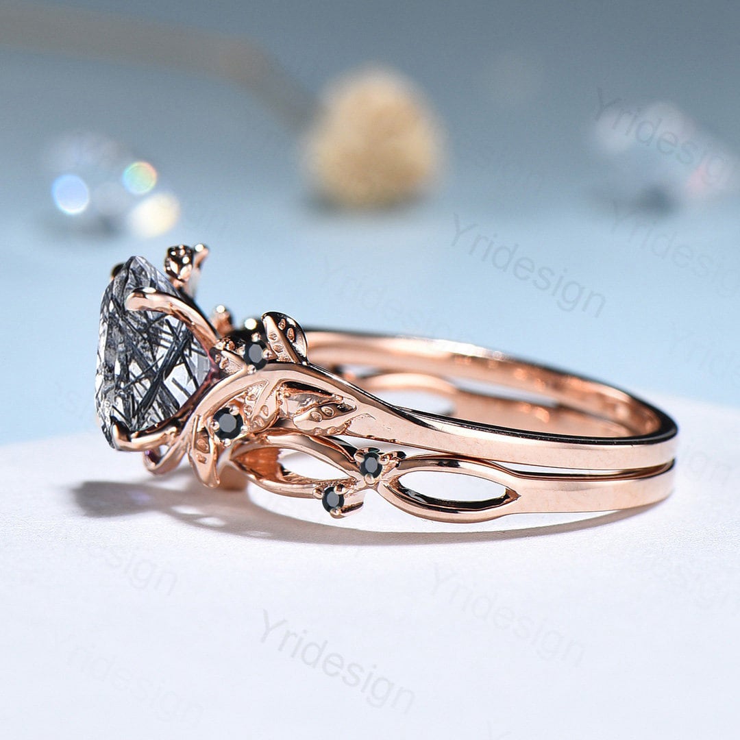 Natural Inspired Leaf Black Rutilated Quartz Ring Set 14K Rose Gold Leaf Vine Jewelry - PENFINE