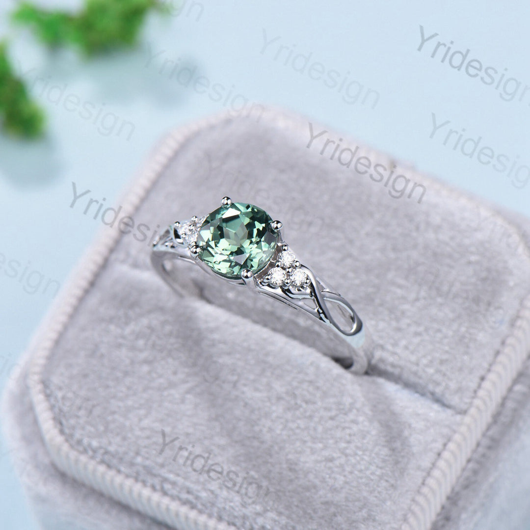 Vintage Green Sapphire Engagement Ring White Gold Solid 10K/14K/18K Gold Unique Cluster Moissanite Diamond Wedding Ring Anniversary gift - PENFINE