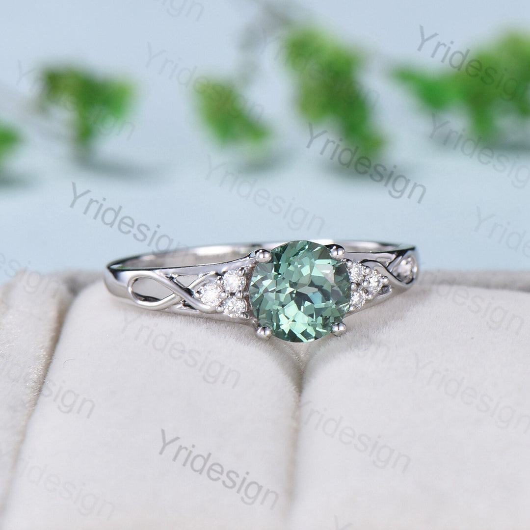 Vintage Green Sapphire Engagement Ring White Gold Solid 10K/14K/18K Gold Unique Cluster Moissanite Diamond Wedding Ring Anniversary gift - PENFINE