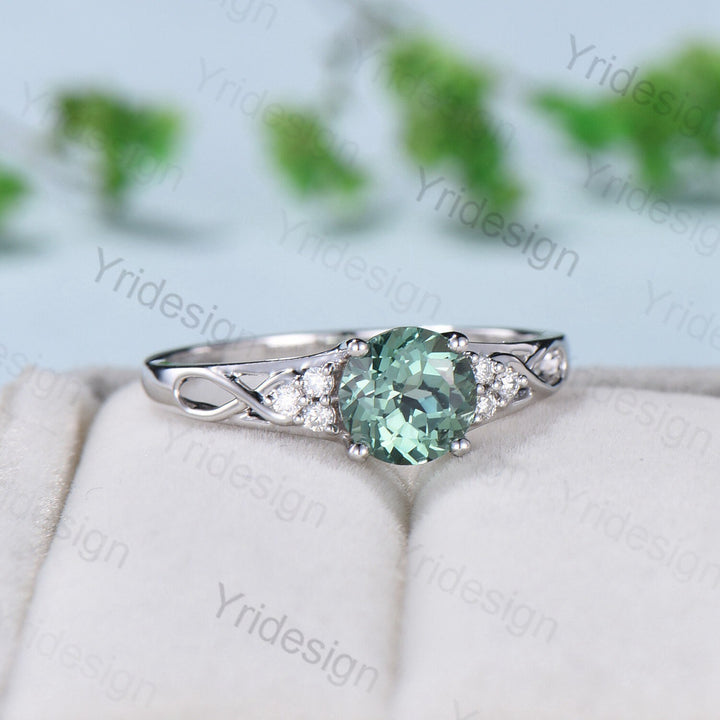 Vintage Green Sapphire Engagement Ring White Gold Solid 10K/14K/18K Gold Unique Cluster Moissanite Diamond Wedding Ring Anniversary gift - PENFINE