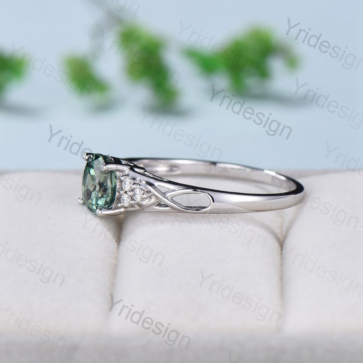 Vintage Green Sapphire Engagement Ring White Gold Solid 10K/14K/18K Gold Unique Cluster Moissanite Diamond Wedding Ring Anniversary gift - PENFINE