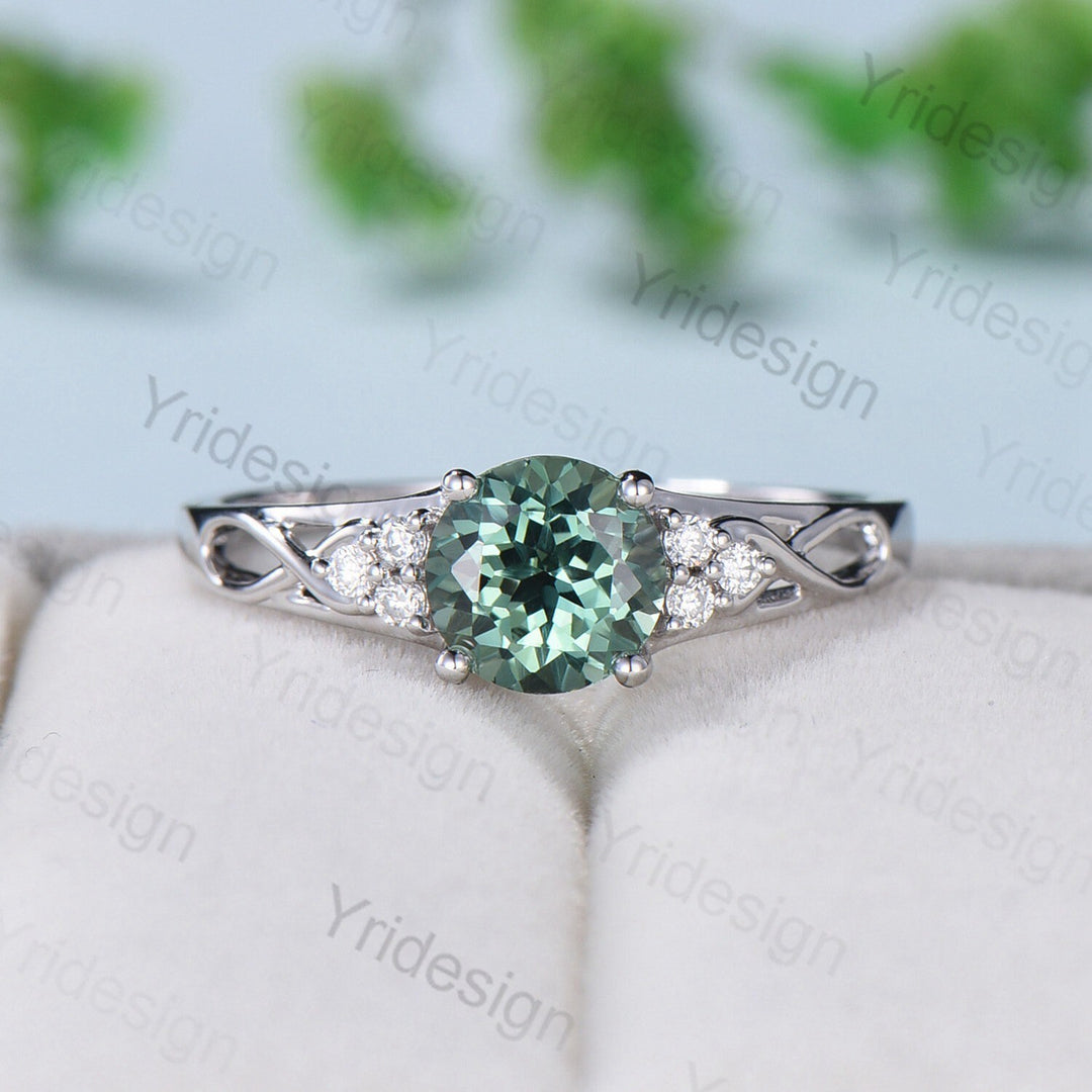 Vintage Green Sapphire Engagement Ring White Gold Solid 10K/14K/18K Gold Unique Cluster Moissanite Diamond Wedding Ring Anniversary gift - PENFINE