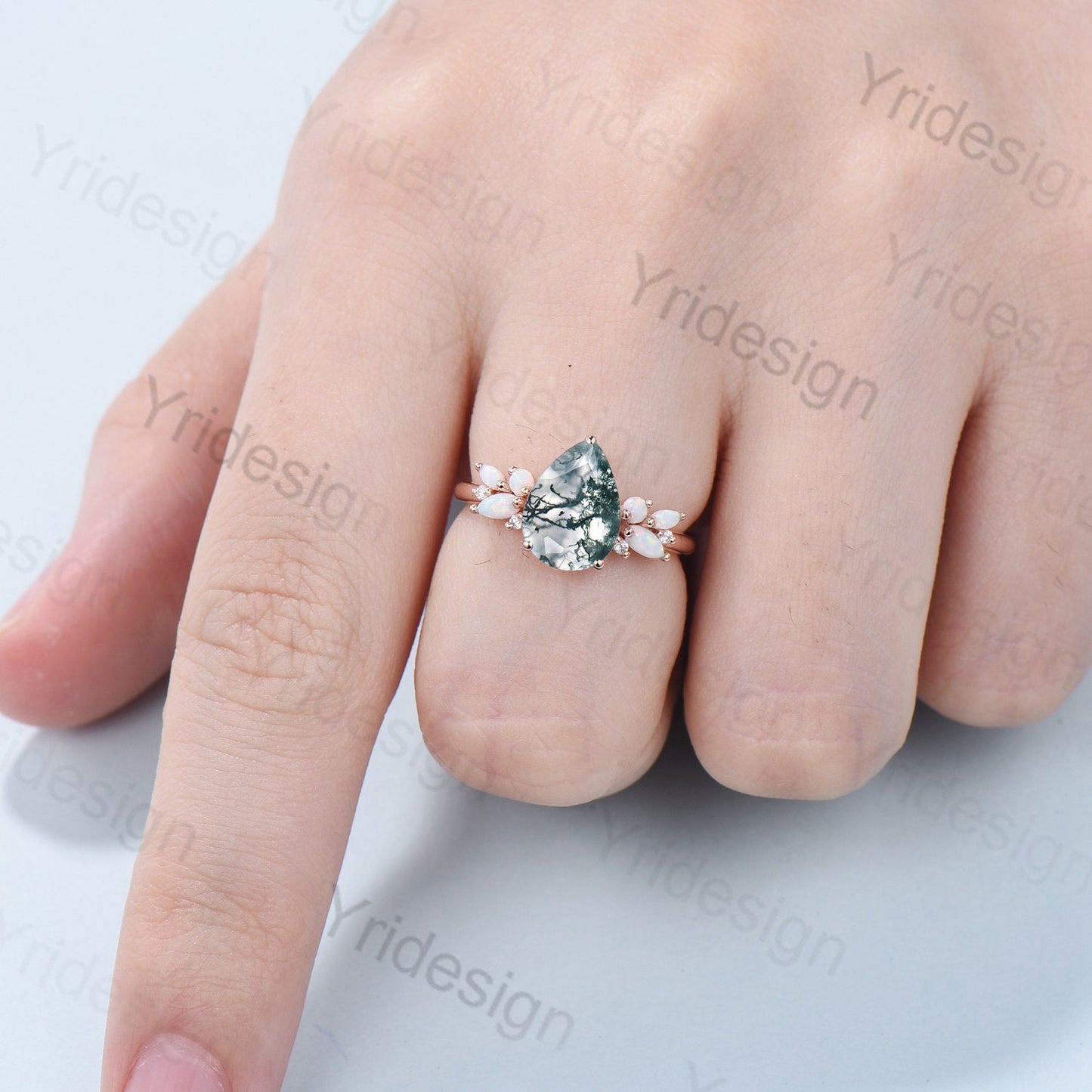 Vintage Moss Agate Engagement Ring Unique Pear Shaped Bee green crystal Wedding Ring Women Rose Gold Art Deco Cluster Opal Promise Ring - PENFINE