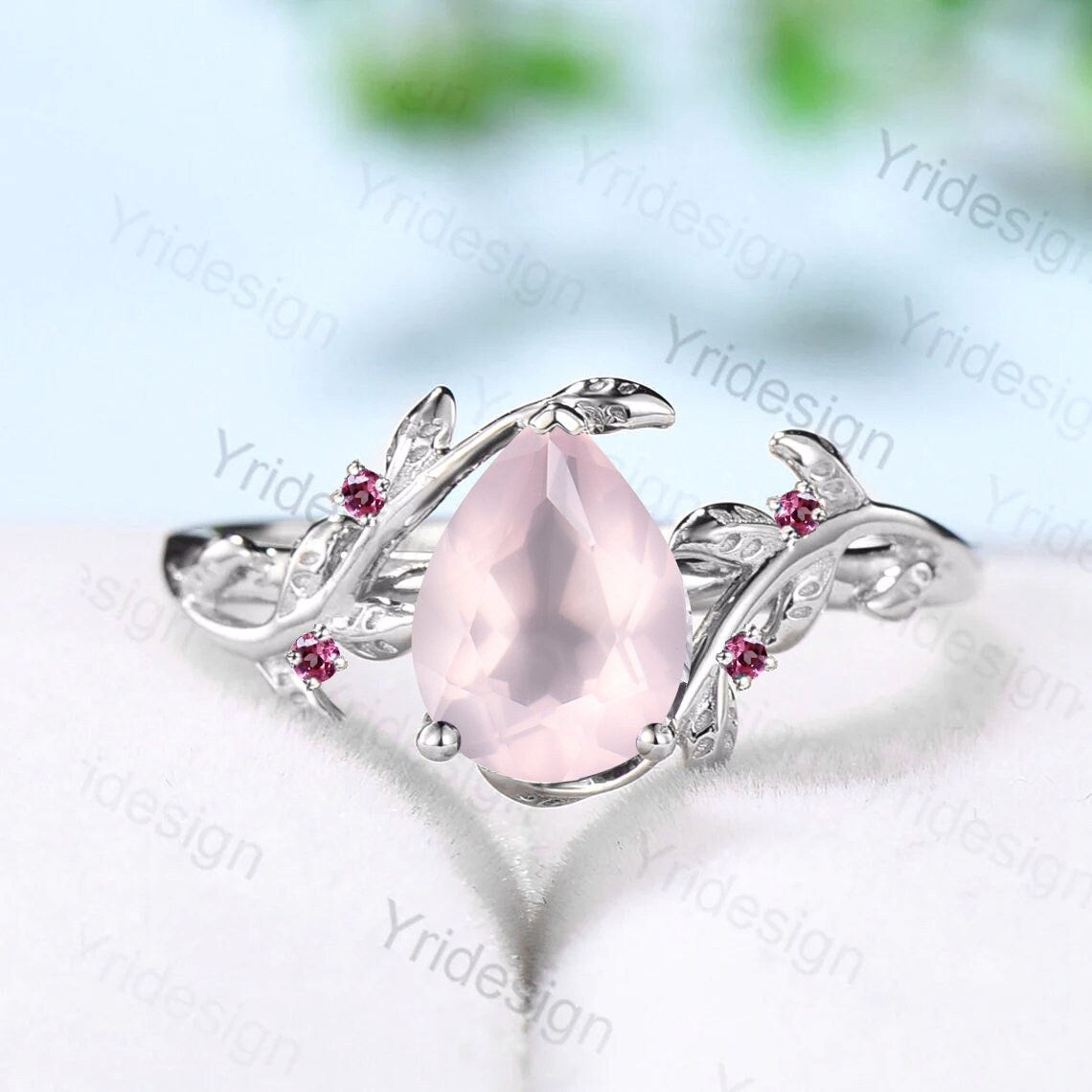 Rose Quartz Ring, Silver Twig Band, Pink Tourmaline Accent, Handmade Jewelry - PENFINE