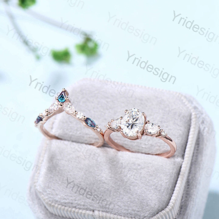 Vintage Oval Moissanite engagement ring set unique moissanite alexandrite wedding set crown art deco stacking band Bridal Promise ring Women - PENFINE