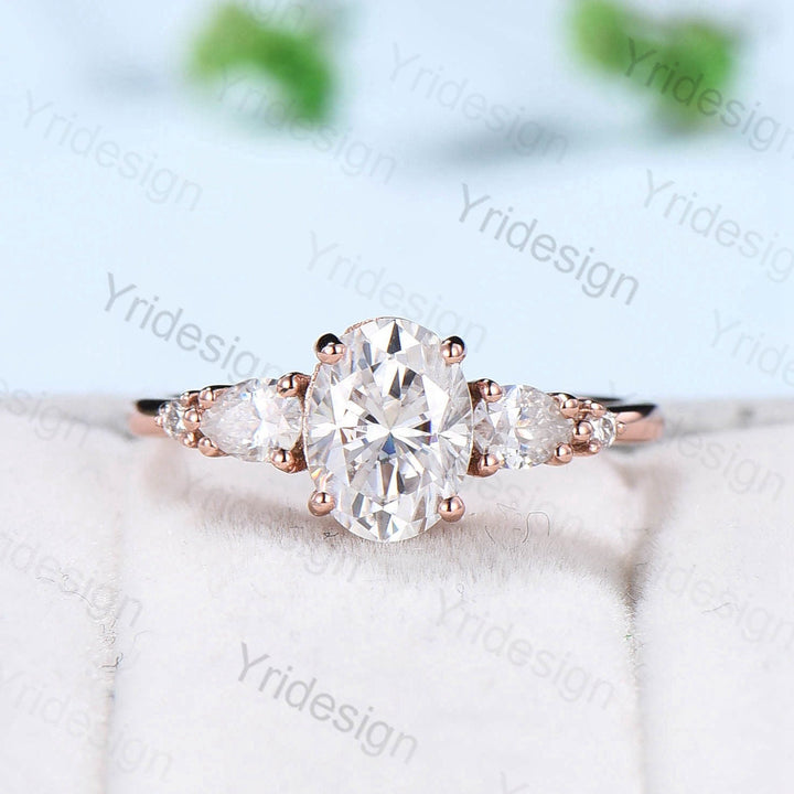Vintage Oval Moissanite engagement ring set unique moissanite alexandrite wedding set crown art deco stacking band Bridal Promise ring Women - PENFINE