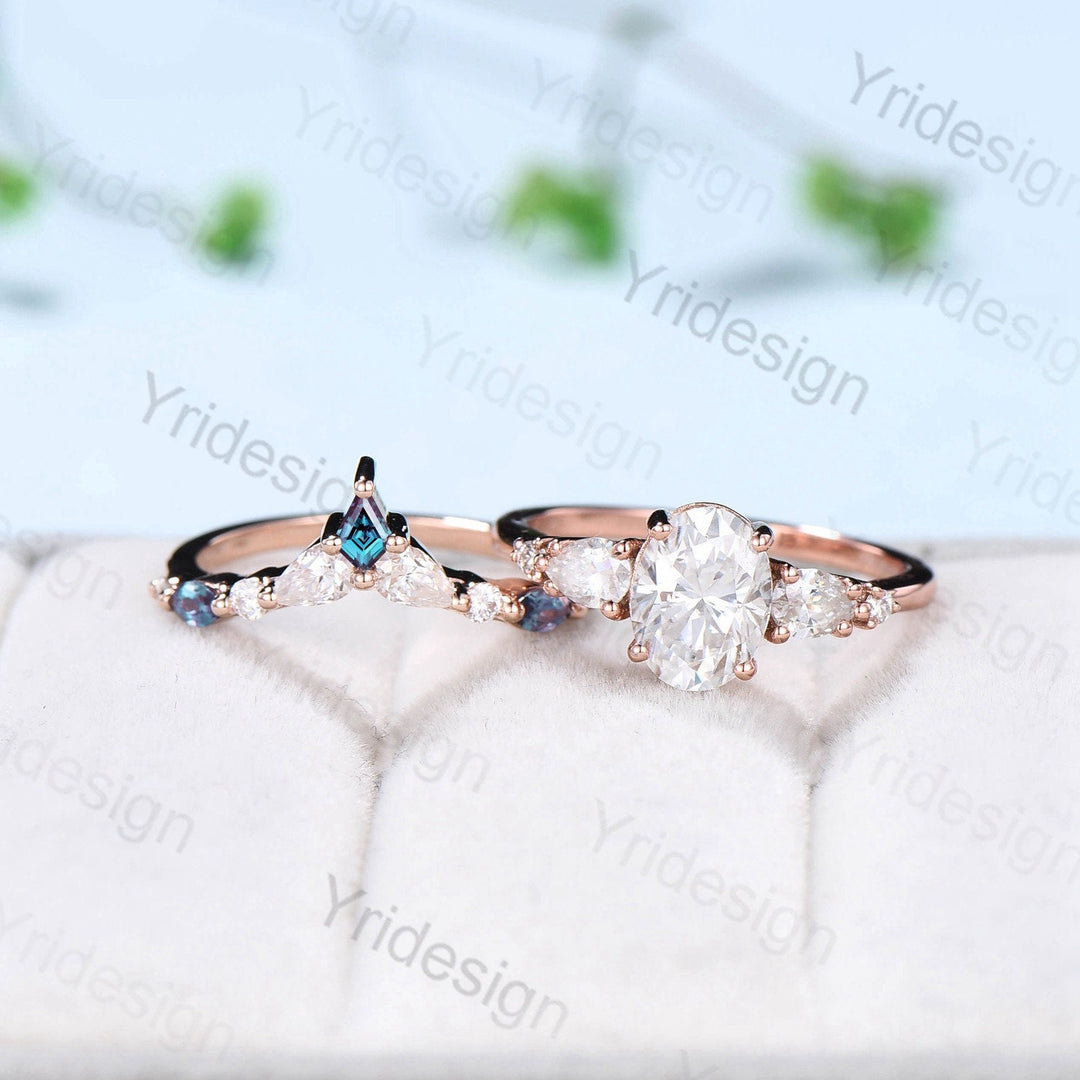 Vintage Oval Moissanite engagement ring set unique moissanite alexandrite wedding set crown art deco stacking band Bridal Promise ring Women - PENFINE