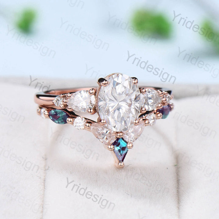 Vintage Oval Moissanite engagement ring set unique moissanite alexandrite wedding set crown art deco stacking band Bridal Promise ring Women - PENFINE