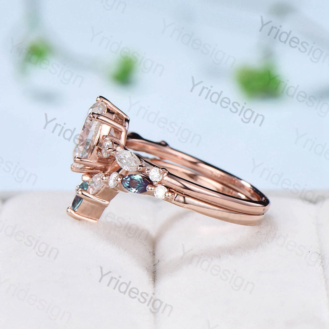 Vintage Oval Moissanite engagement ring set unique moissanite alexandrite wedding set crown art deco stacking band Bridal Promise ring Women - PENFINE