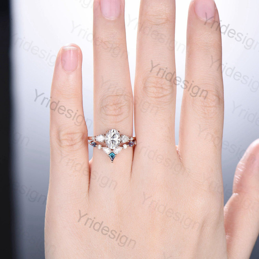 Vintage Oval Moissanite engagement ring set unique moissanite alexandrite wedding set crown art deco stacking band Bridal Promise ring Women - PENFINE