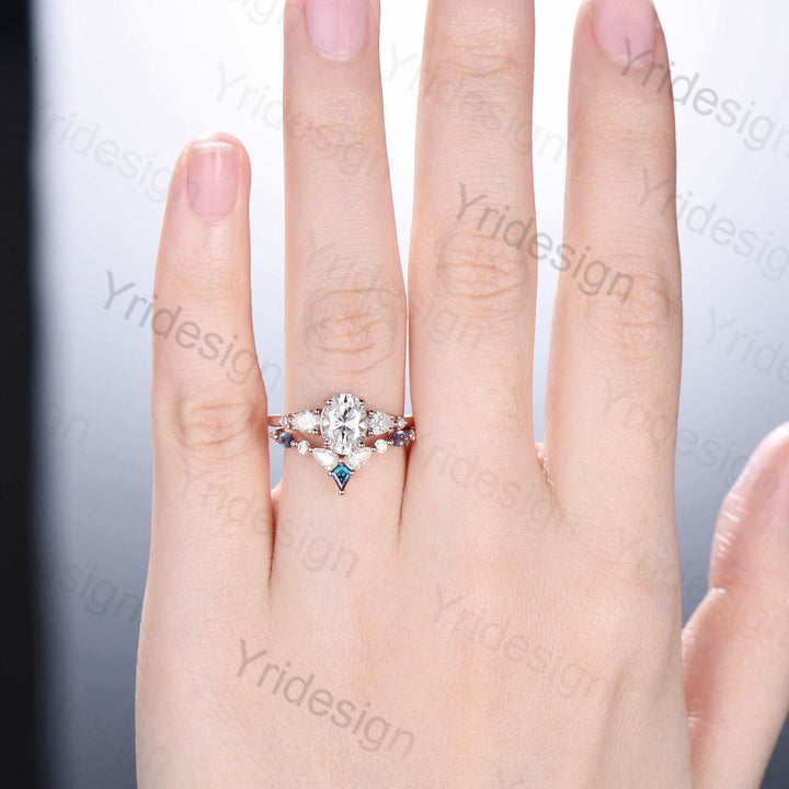 Vintage Oval Moissanite engagement ring set unique moissanite alexandrite wedding set crown art deco stacking band Bridal Promise ring Women - PENFINE