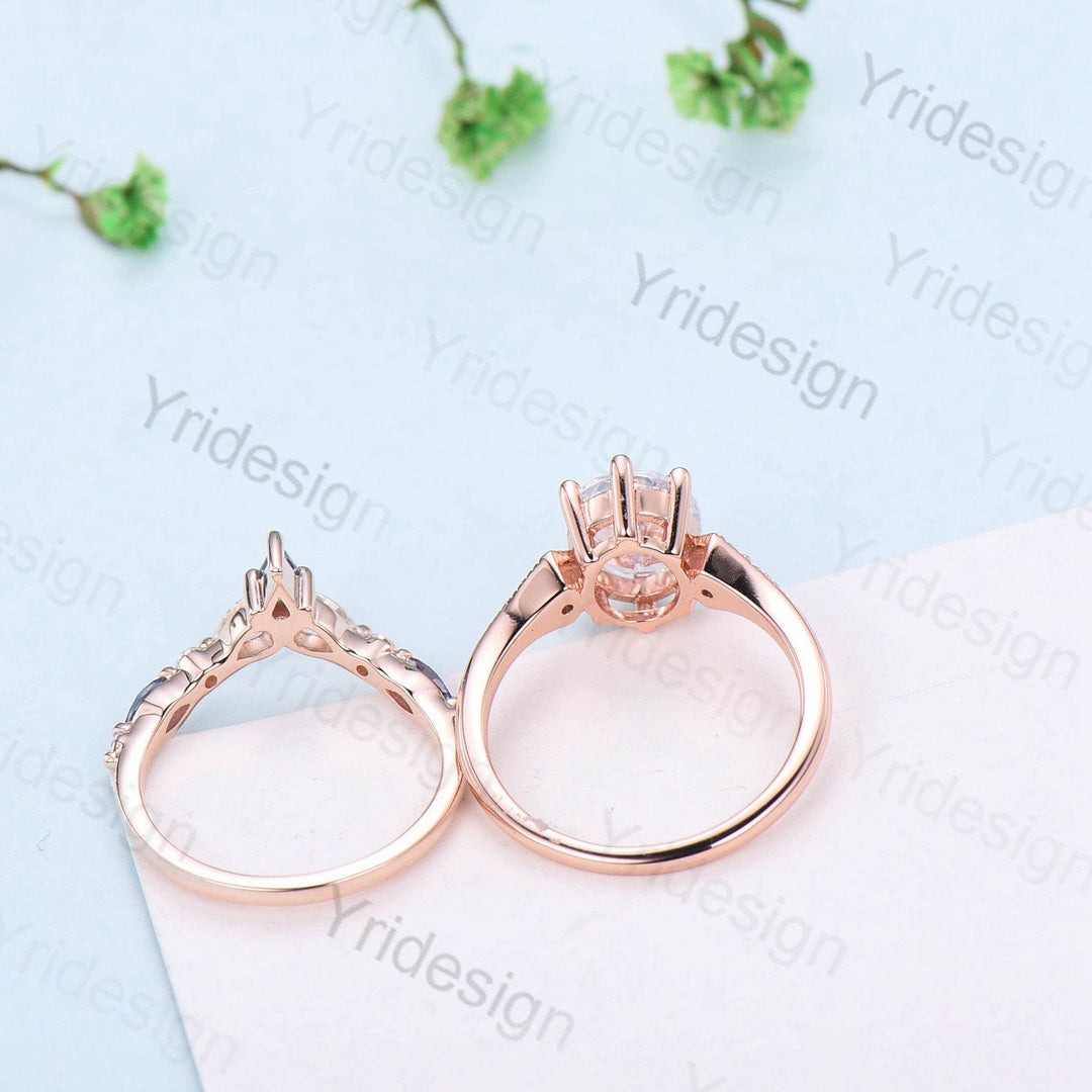 Vintage Oval Moissanite engagement ring set unique moissanite alexandrite wedding set crown art deco stacking band Bridal Promise ring Women - PENFINE