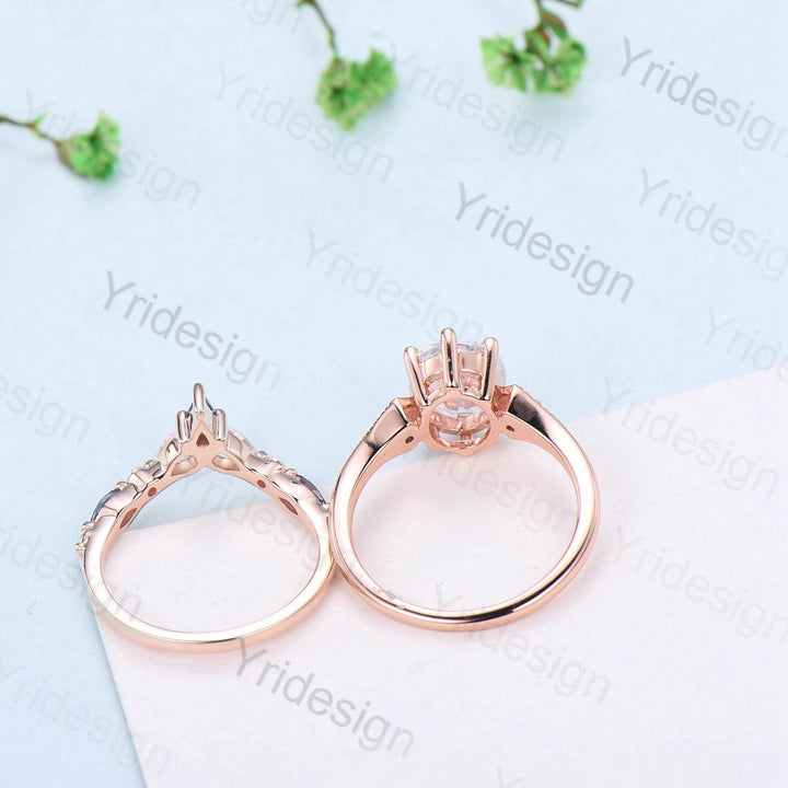 Vintage Oval Moissanite engagement ring set unique moissanite alexandrite wedding set crown art deco stacking band Bridal Promise ring Women - PENFINE