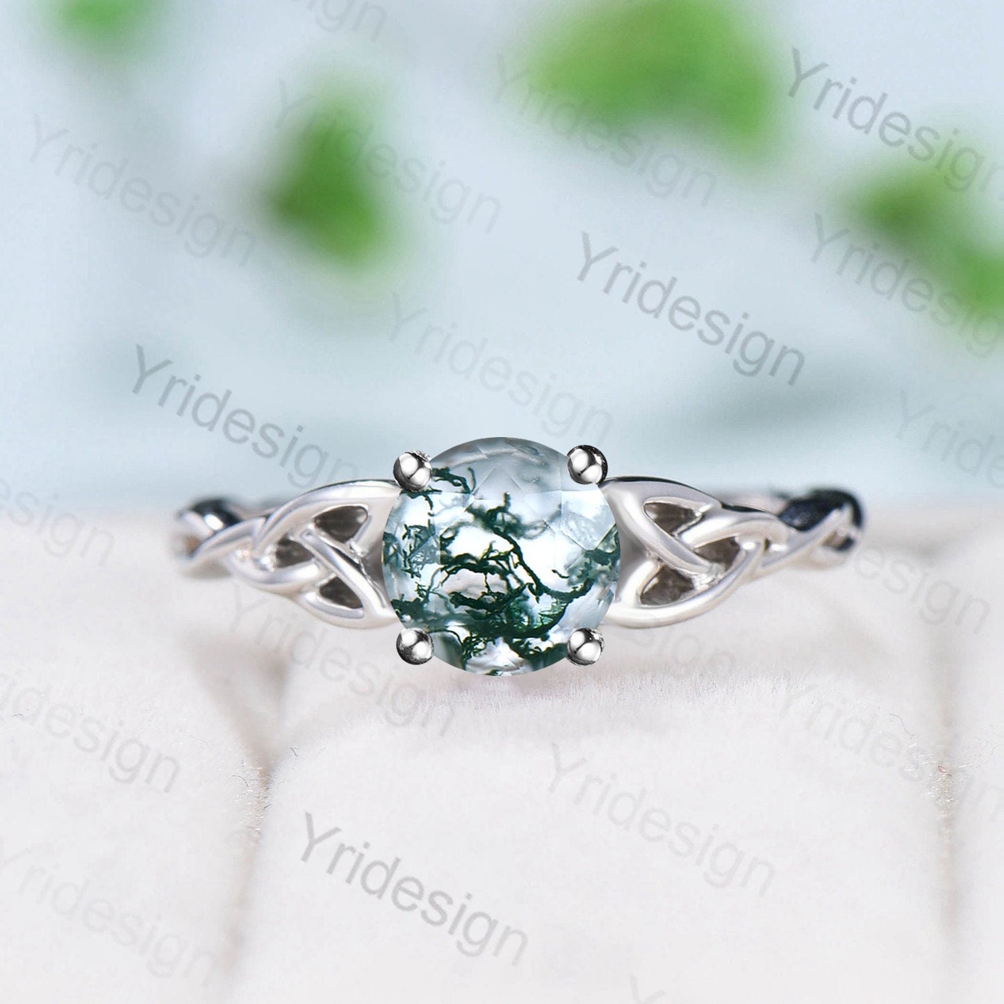 Moss Agate Ring, 925 Sterling Silver Celtic Knot, Pear Cut - PENFINE