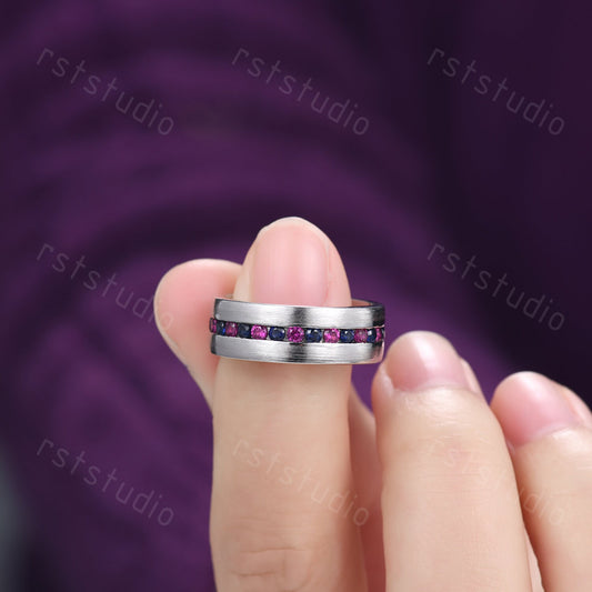 Handmade 14K White Gold Mens Ring: Sapphire & Ruby Vintage Promise Ring