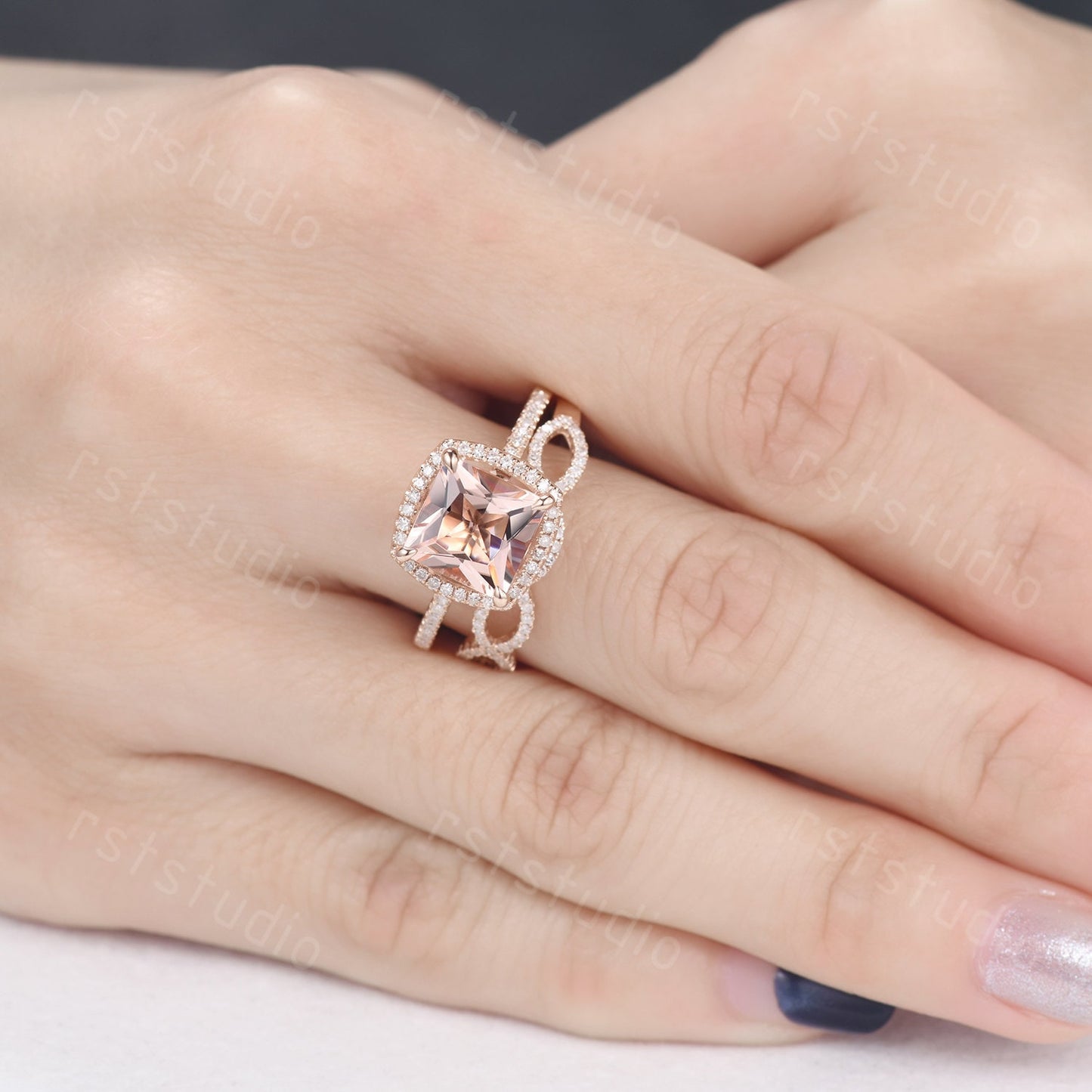 Princess Cut Morganite Engagement Ring Set, Diamond Infinity Band, 14K Rose Gold