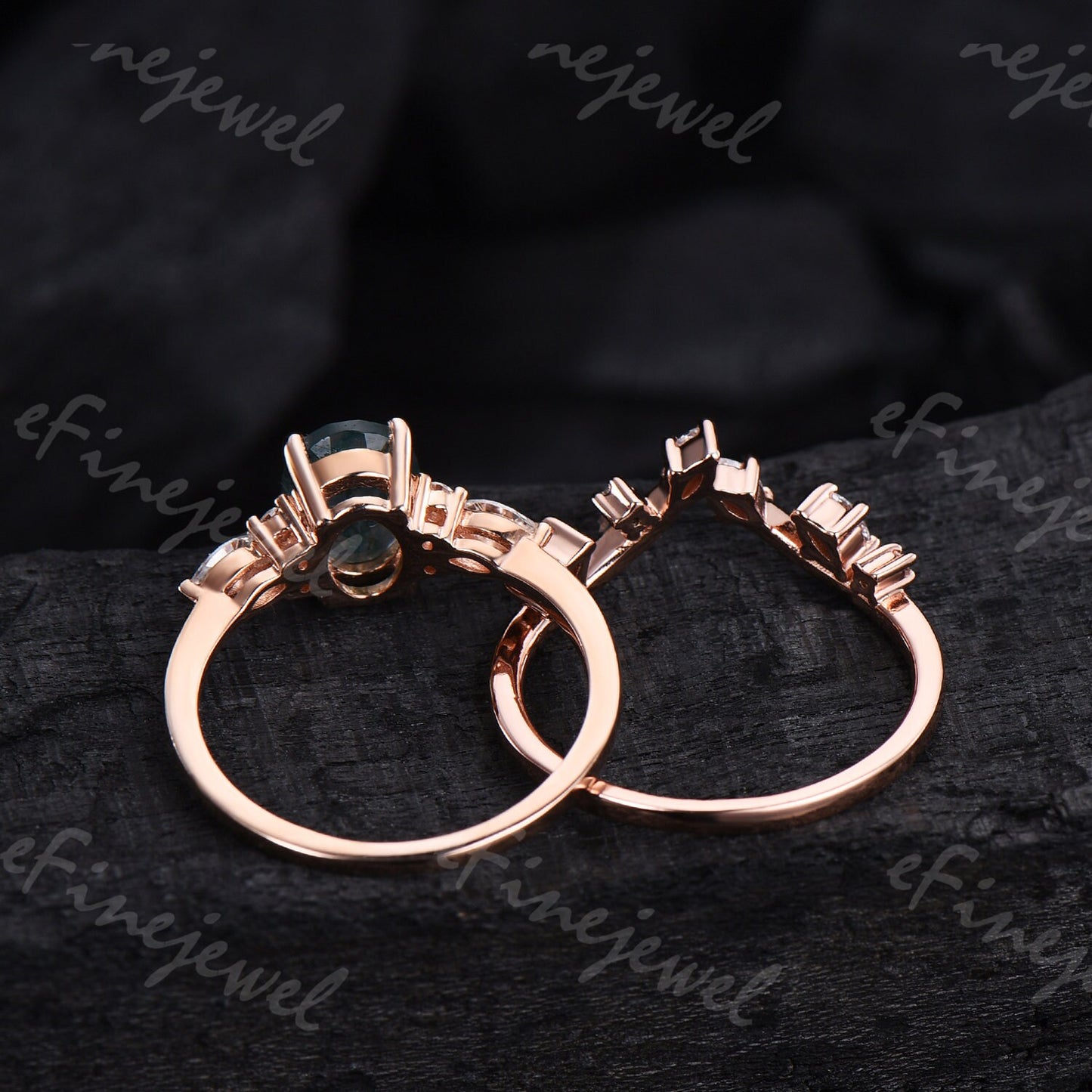 Blue Sandstone Engagement Ring Set, Vintage Marquise, Rose Gold - PENFINE