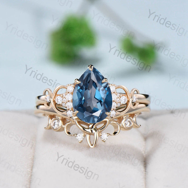 Celtic Love London blue topaz engagement ring set pear shaped topaz diamond wedding ring set Norse Viking Cluster moissanite Knot bridal set - PENFINE