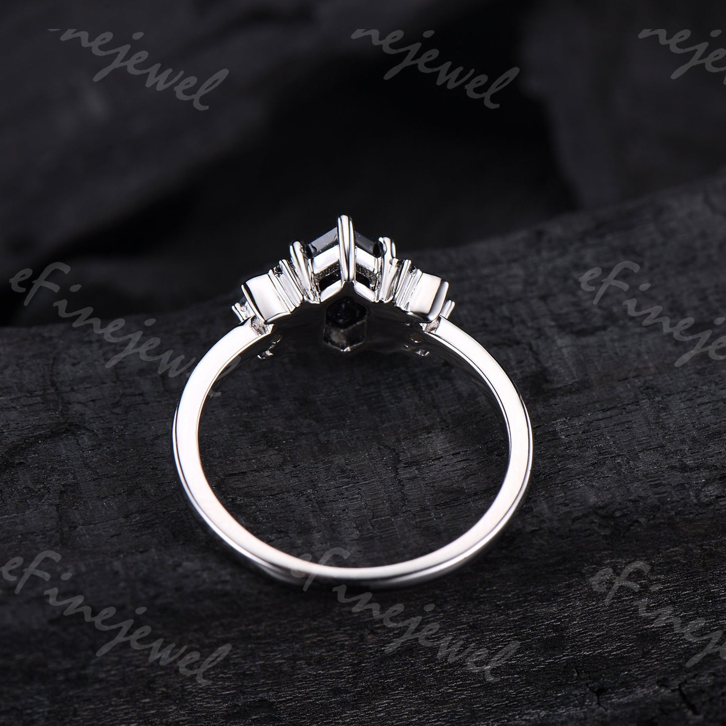 Hexagon Blue Sandstone Ring, Crescent Moon Goldstone, Black Spinel - PENFINE
