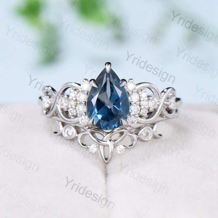 Celtic Love London blue topaz engagement ring set pear shaped topaz diamond wedding ring set Norse Viking Cluster moissanite Knot bridal set - PENFINE