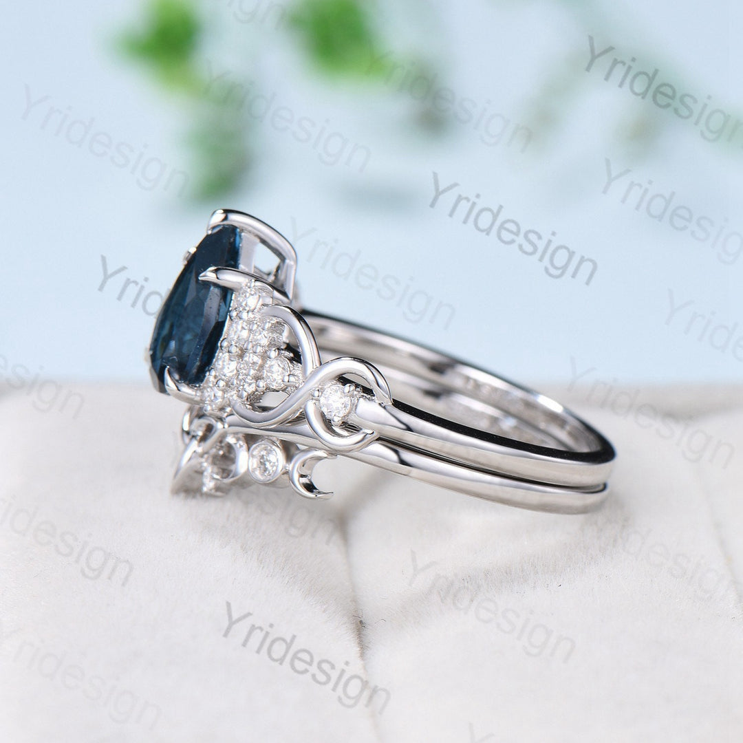 Celtic Love London blue topaz engagement ring set pear shaped topaz diamond wedding ring set Norse Viking Cluster moissanite Knot bridal set - PENFINE