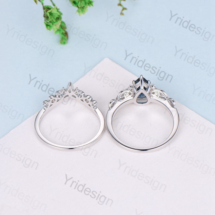 Celtic Love London blue topaz engagement ring set pear shaped topaz diamond wedding ring set Norse Viking Cluster moissanite Knot bridal set - PENFINE