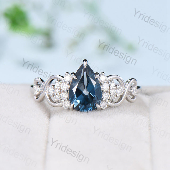 Celtic Love London blue topaz engagement ring set pear shaped topaz diamond wedding ring set Norse Viking Cluster moissanite Knot bridal set - PENFINE
