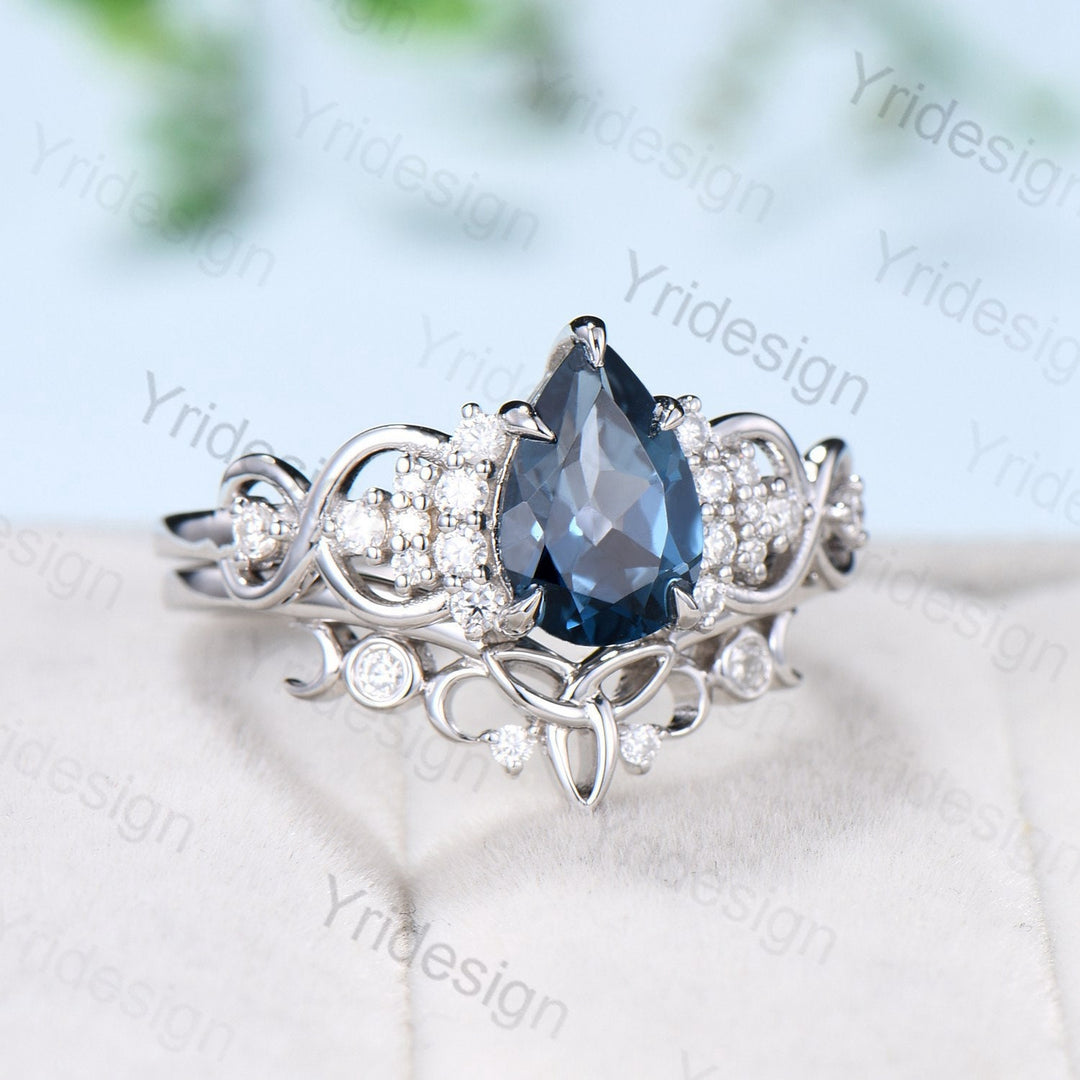 Celtic Love London blue topaz engagement ring set pear shaped topaz diamond wedding ring set Norse Viking Cluster moissanite Knot bridal set - PENFINE