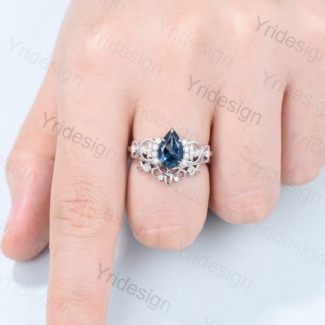 Celtic Love London blue topaz engagement ring set pear shaped topaz diamond wedding ring set Norse Viking Cluster moissanite Knot bridal set - PENFINE