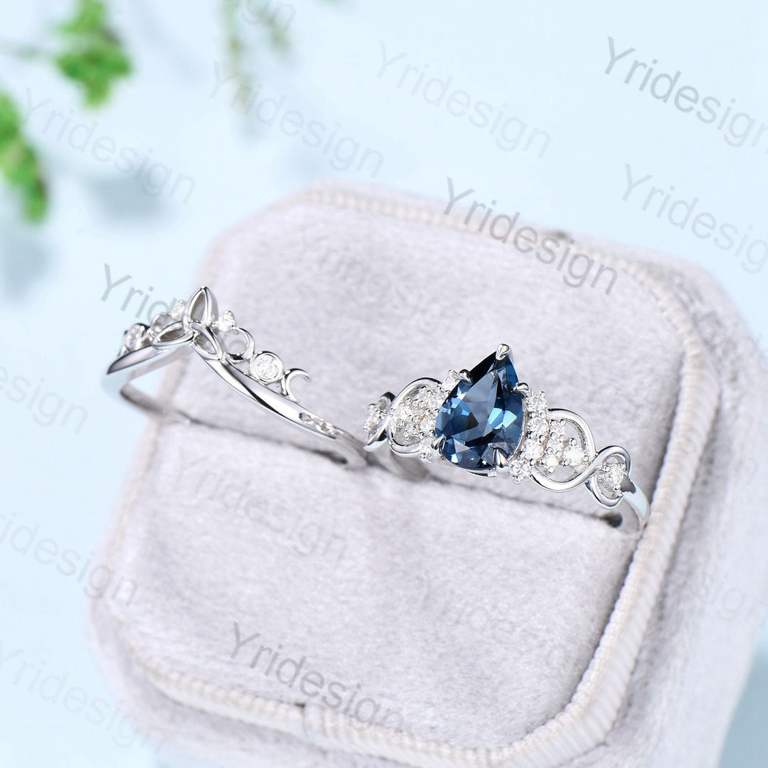 Celtic Love London blue topaz engagement ring set pear shaped topaz diamond wedding ring set Norse Viking Cluster moissanite Knot bridal set - PENFINE