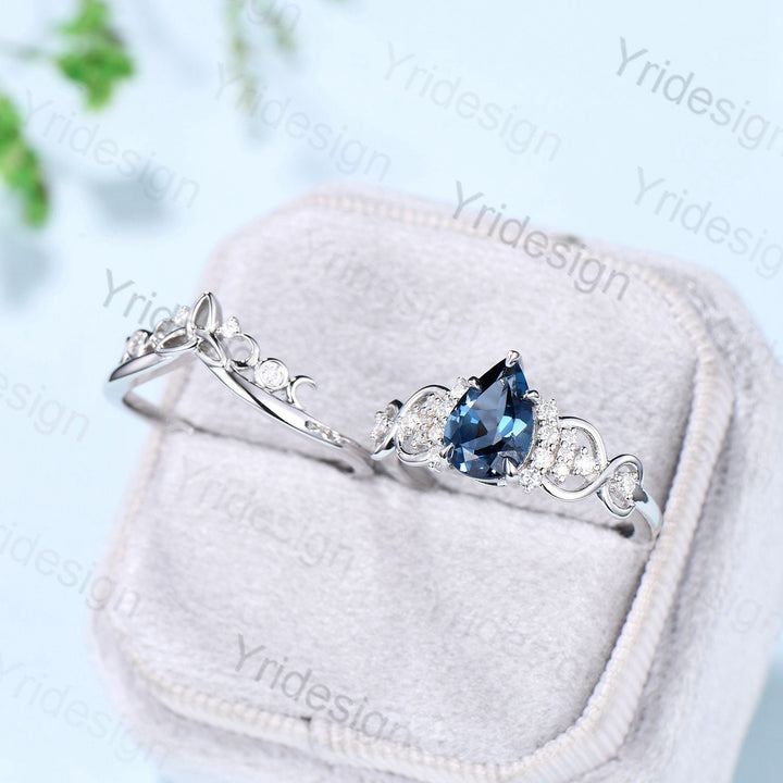 Celtic Love London blue topaz engagement ring set pear shaped topaz diamond wedding ring set Norse Viking Cluster moissanite Knot bridal set - PENFINE