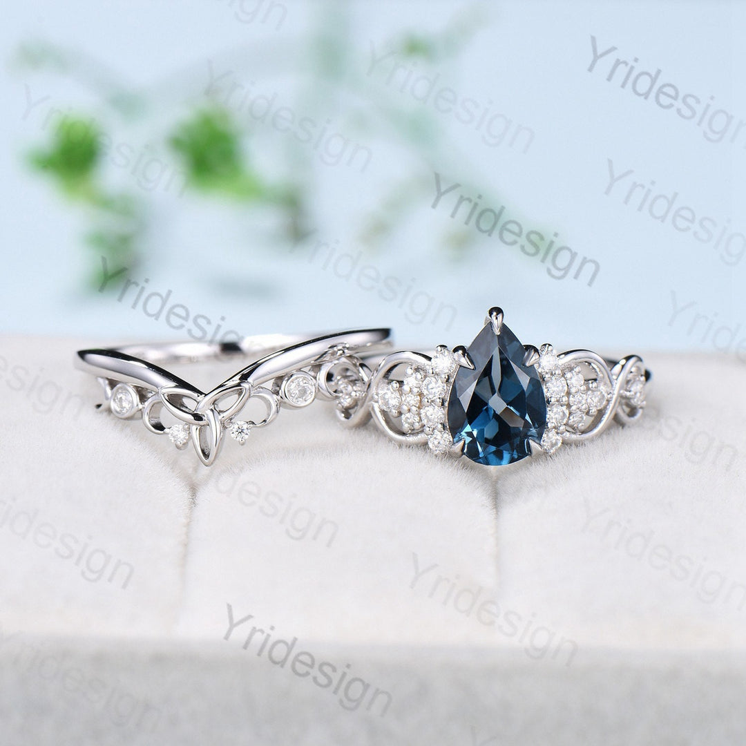 Celtic Love London blue topaz engagement ring set pear shaped topaz diamond wedding ring set Norse Viking Cluster moissanite Knot bridal set - PENFINE