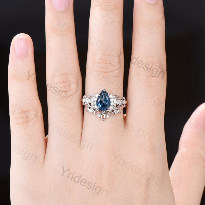 Celtic Love London blue topaz engagement ring set pear shaped topaz diamond wedding ring set Norse Viking Cluster moissanite Knot bridal set - PENFINE