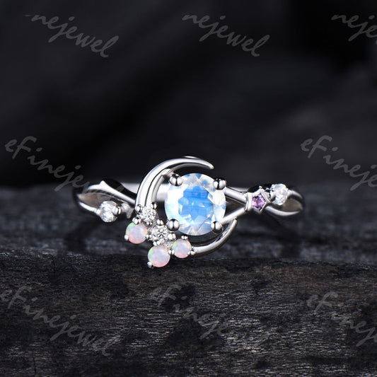 Dainty Moonstone Engagement Ring: Silver, Opal & Amethyst Accents - PENFINE