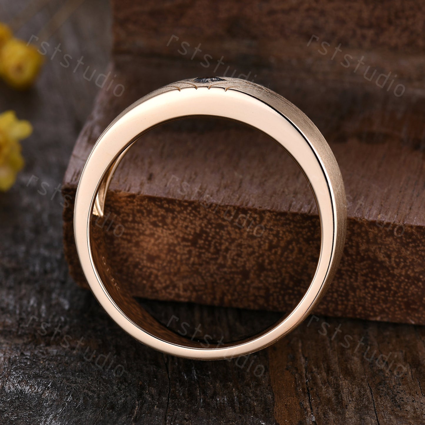 6mm Mens Kite Cut Black Rutilated Quartz Ring: 14k Solid Gold Retro Promise Ring Matt Finished