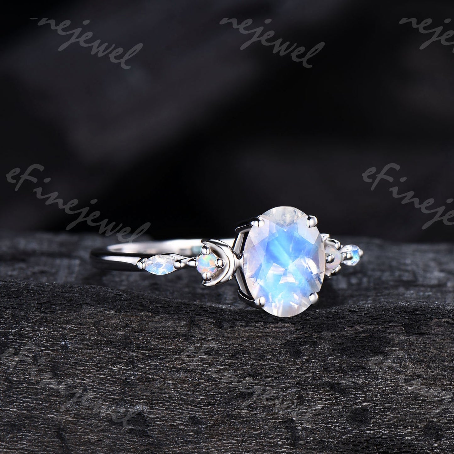 Vintage Oval Moonstone Engagement Ring, White Gold Anniversary Gift - PENFINE