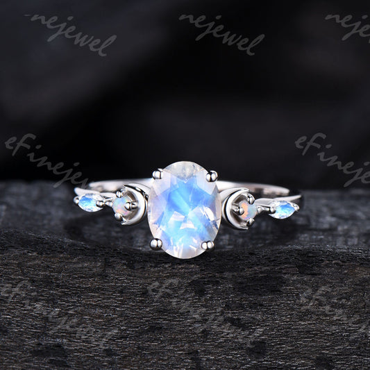 Vintage Oval Moonstone Engagement Ring, White Gold Anniversary Gift - PENFINE