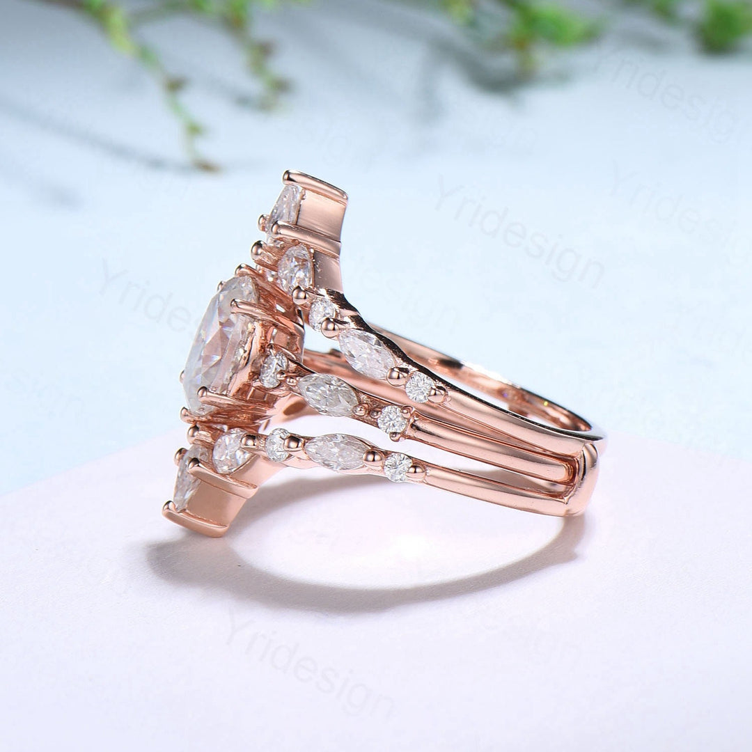 1.5CT Oval Moissanite Engagement Ring Set Vintage IGI Certificate Lab Grown Diamond Wedding Ring Set Women Double Stacking Band Bridal Set - PENFINE