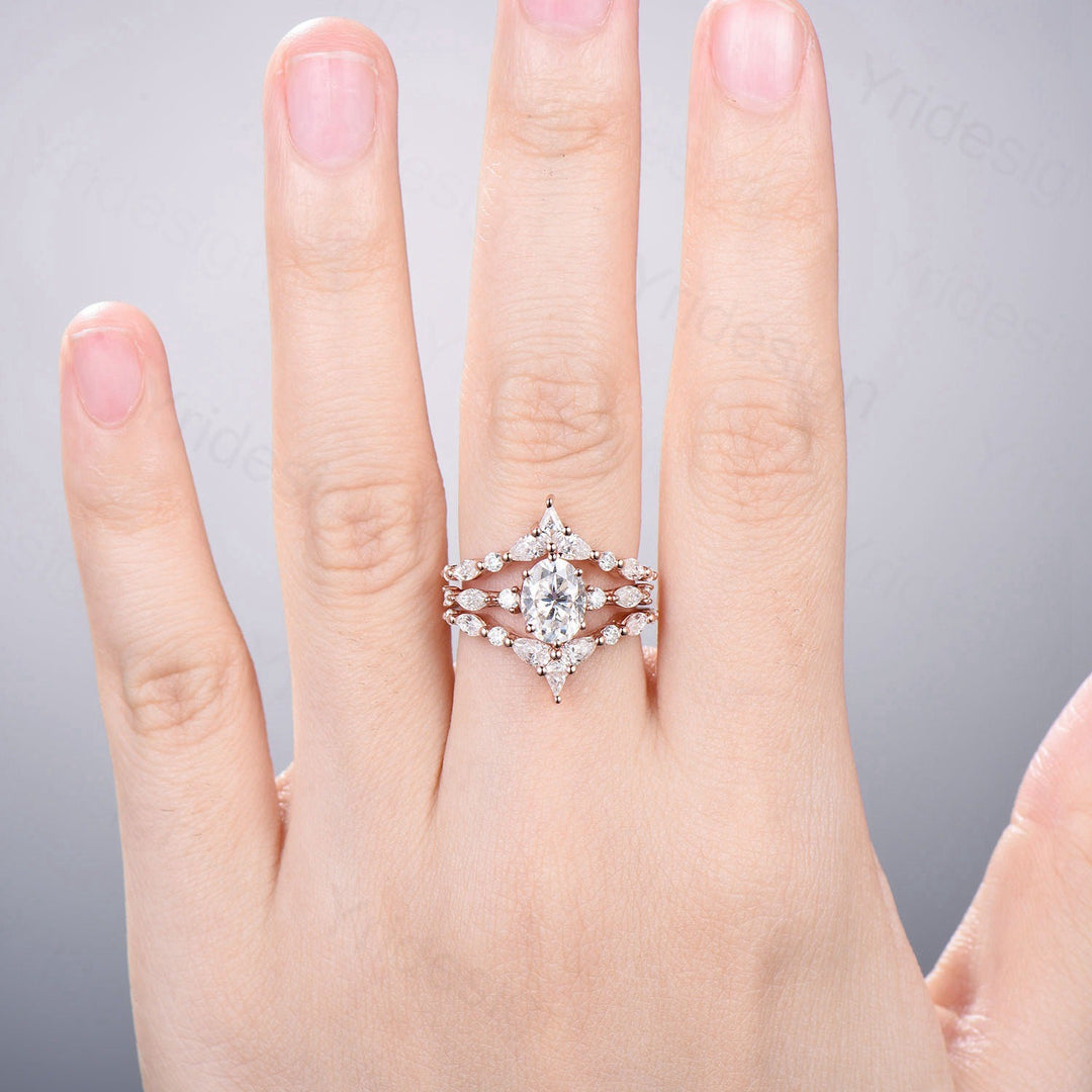 1.5CT Oval Moissanite Engagement Ring Set Vintage IGI Certificate Lab Grown Diamond Wedding Ring Set Women Double Stacking Band Bridal Set - PENFINE